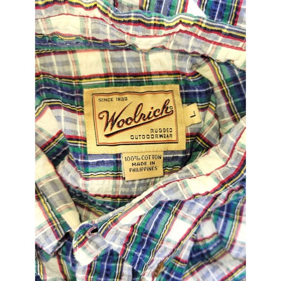 Woolrich Mens Large Blue Plaid Seersucker Cotton Button Down Shirt Short Sleeve - Picture 5 of 5